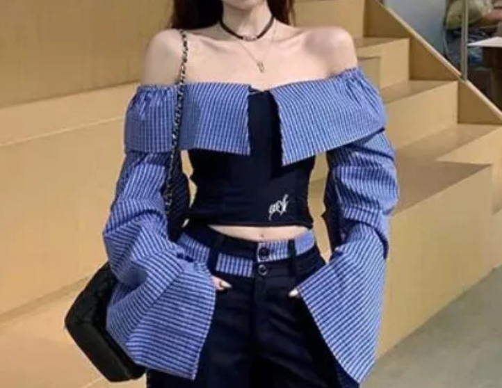 Set Áo Sơ Mi Nữ Form Croptop Trễ Vai Hở Lưng Tay Rộng Kèm Quần Jean Xuông Thời Trang Phối Đồ Phong Cách Retro Mới