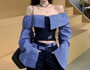 Set Áo Sơ Mi Nữ Form Croptop Trễ Vai Hở Lưng Tay Rộng Kèm Quần Jean Xuông Thời Trang Phối Đồ Phong Cách Retro Mới